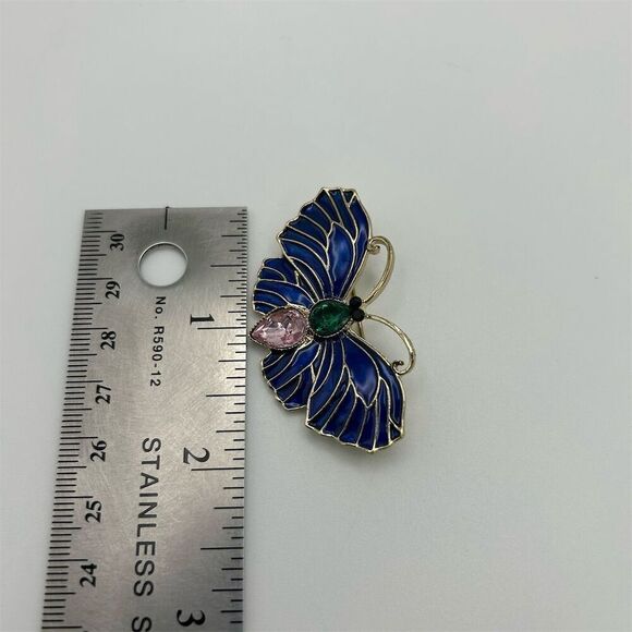 Small Dainty Blue Butterfly Brooch with Green & Pink Rhinestones Whimsical - Picture 9 of 11